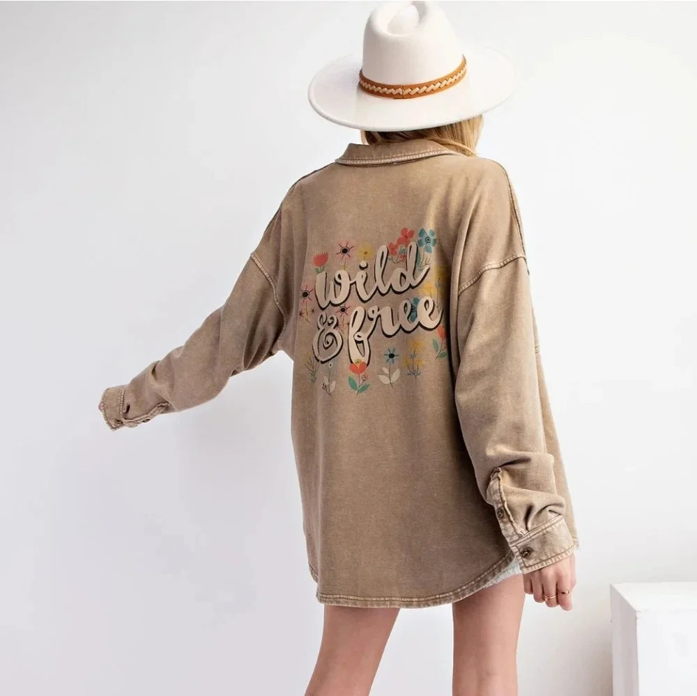 New Easel Wild & Free Mineral Washed Button Down Terry Knit Shirt Shacket